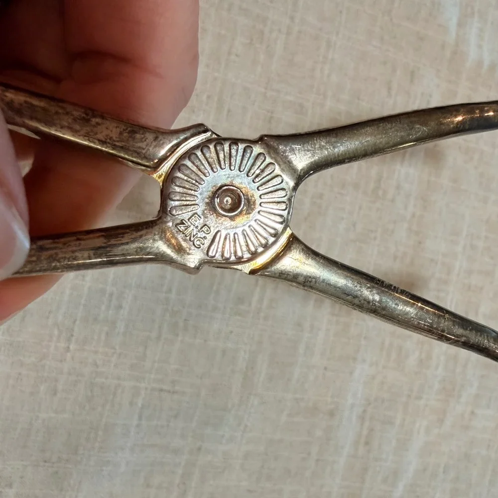 Vintage Silver Plate Scissor Serving Tongs E.P. Zinc Sunburst Hinge 10.75 Inch